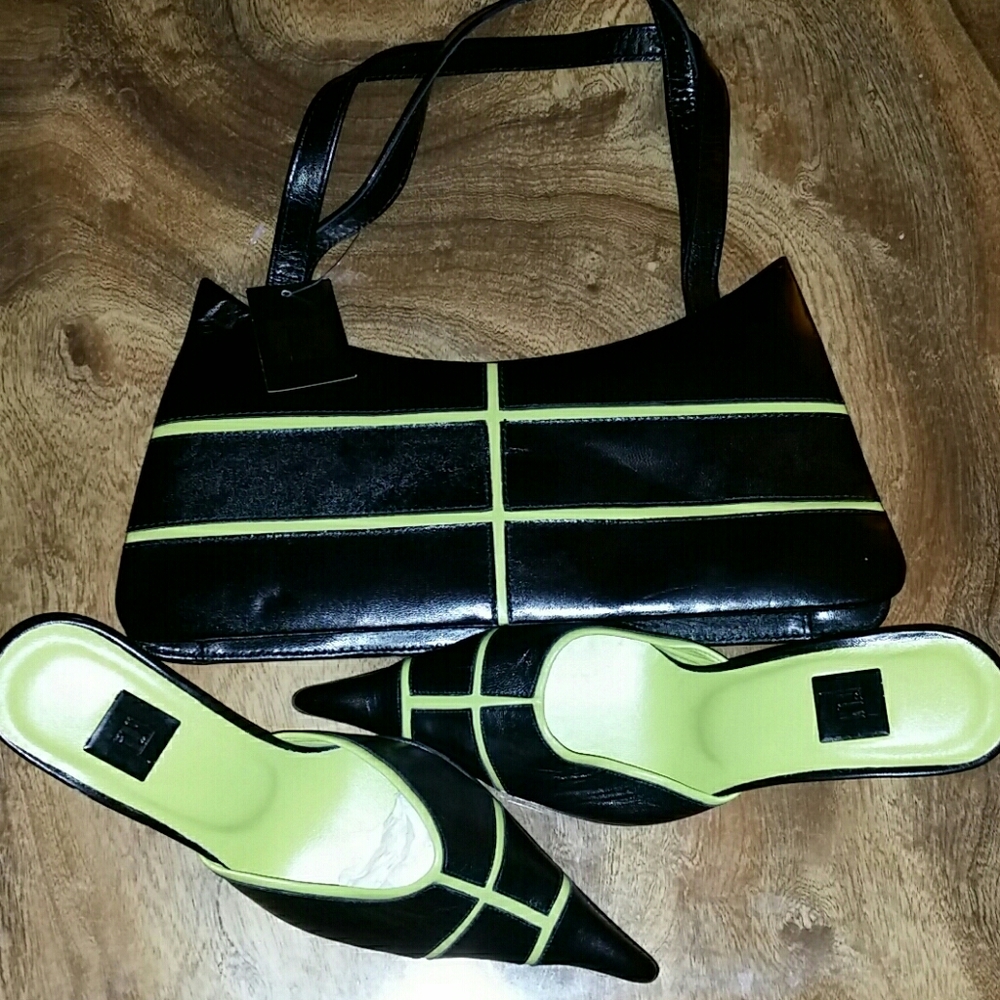 Fellini Black Green Italian Leather Shoes Handbag